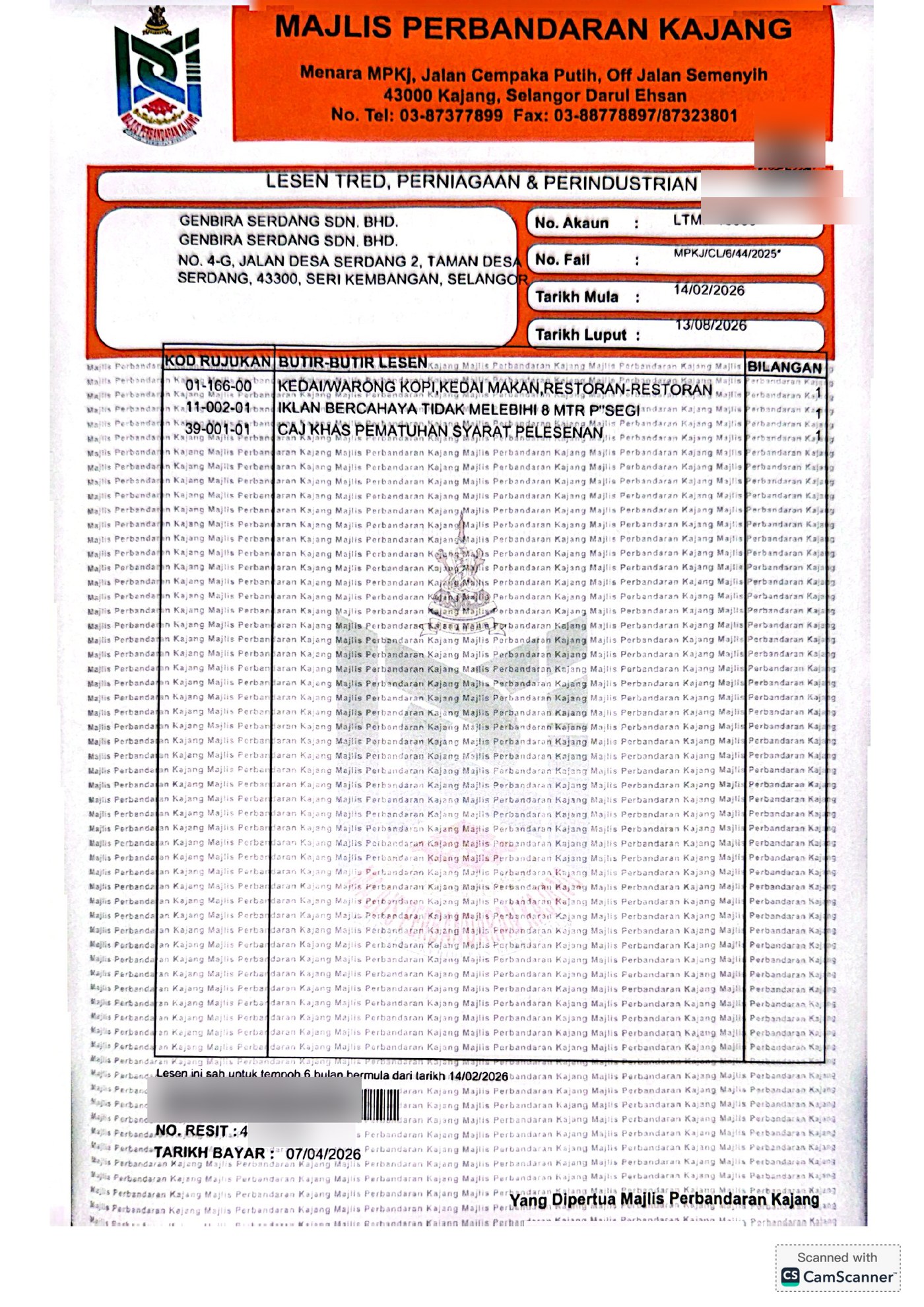 MP Kajang business licence — GENBIRA SERDANG SDN. BHD. (Ai-CHA Serdang)