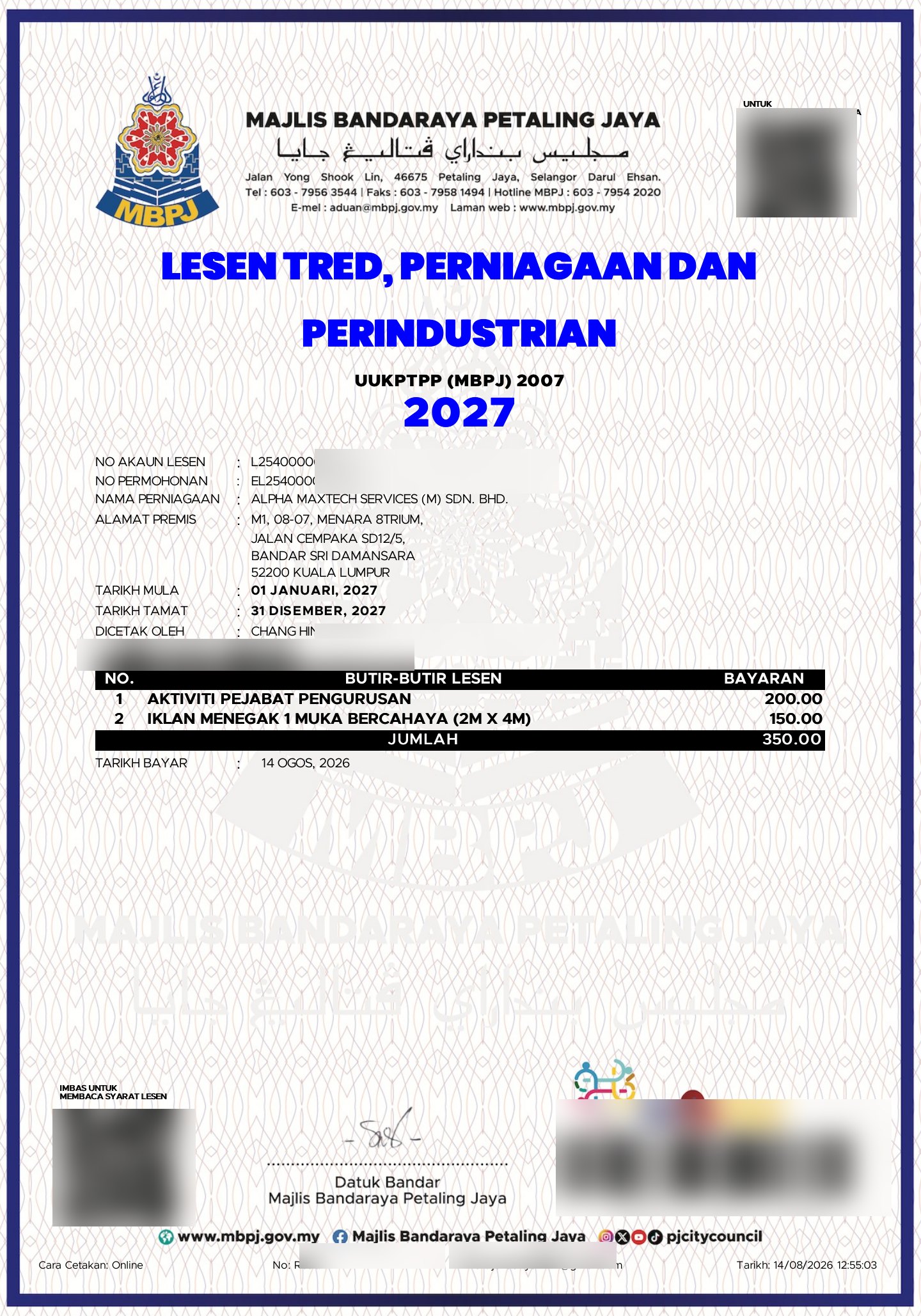 MBPJ permanent business licence 2027 — ALPHA MAXTECH SERVICES