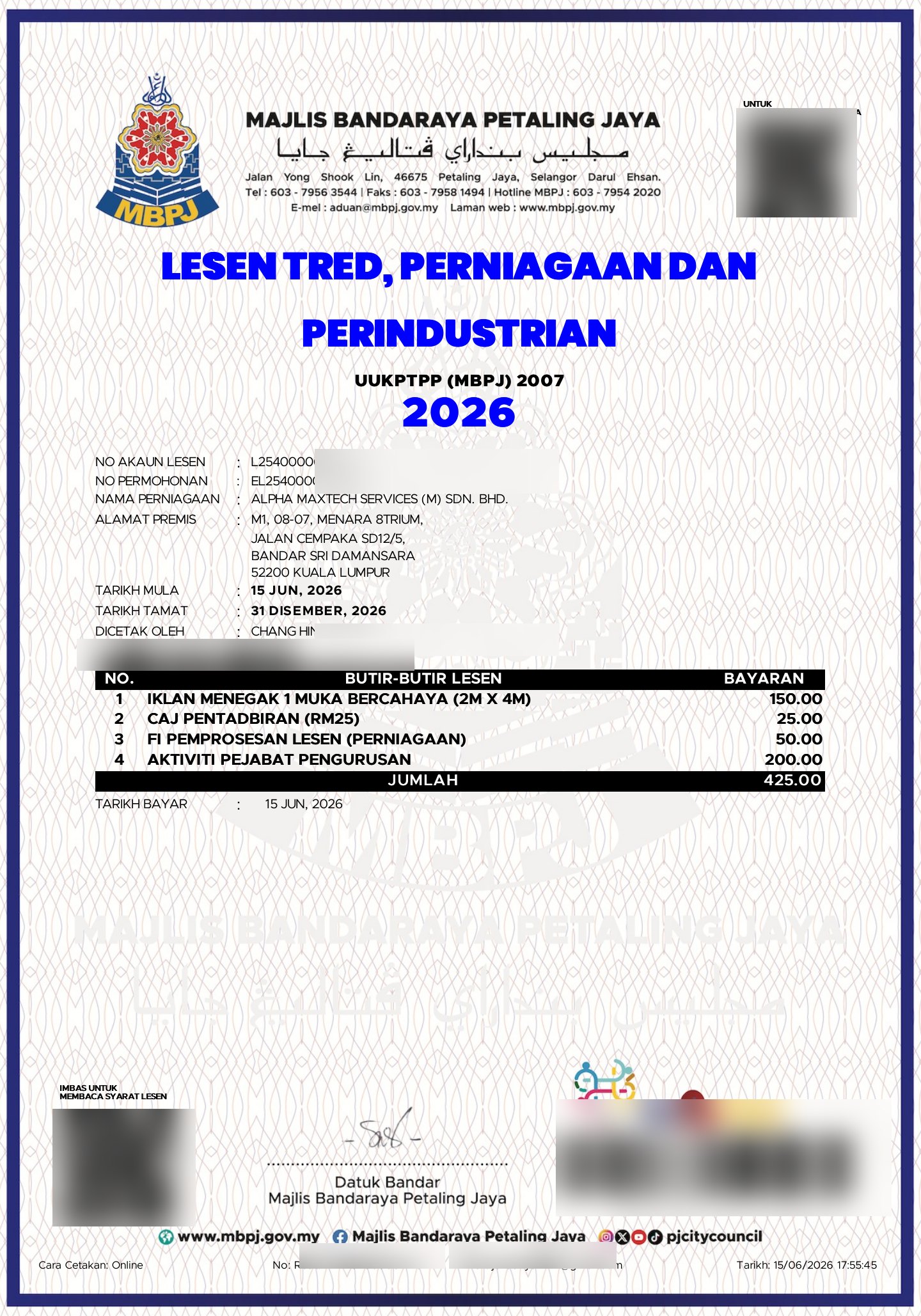 MBPJ temporary business licence 2026 — ALPHA MAXTECH SERVICES