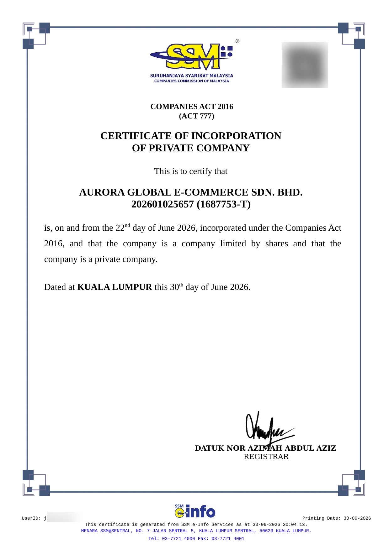 SSM Certificate of Incorporation — AURORA GLOBAL E-COMMERCE SDN. BHD.