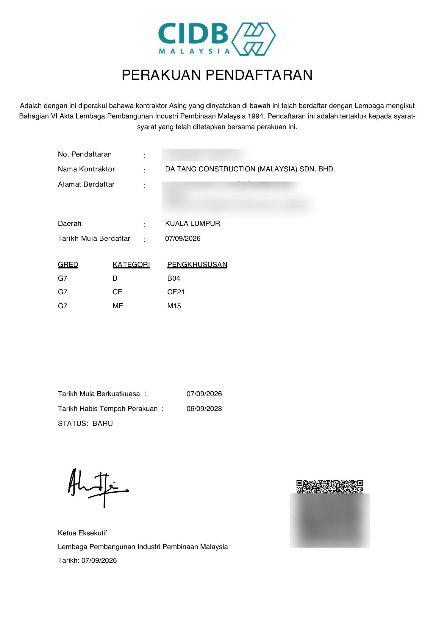 CIDB Grade G7 certificate — DA TANG CONSTRUCTION, B04 CE21 M15