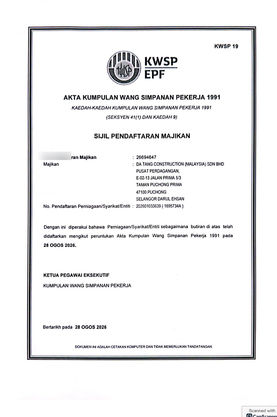 KWSP (EPF) employer registration approval — DA TANG CONSTRUCTION