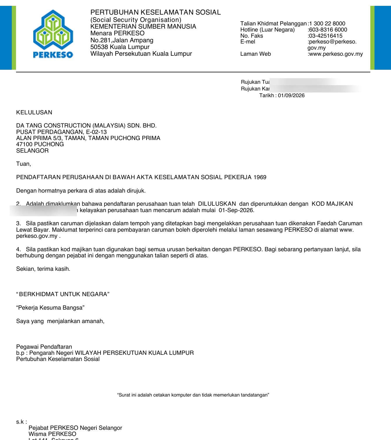 PERKESO (SOCSO) employer registration approval — DA TANG CONSTRUCTION