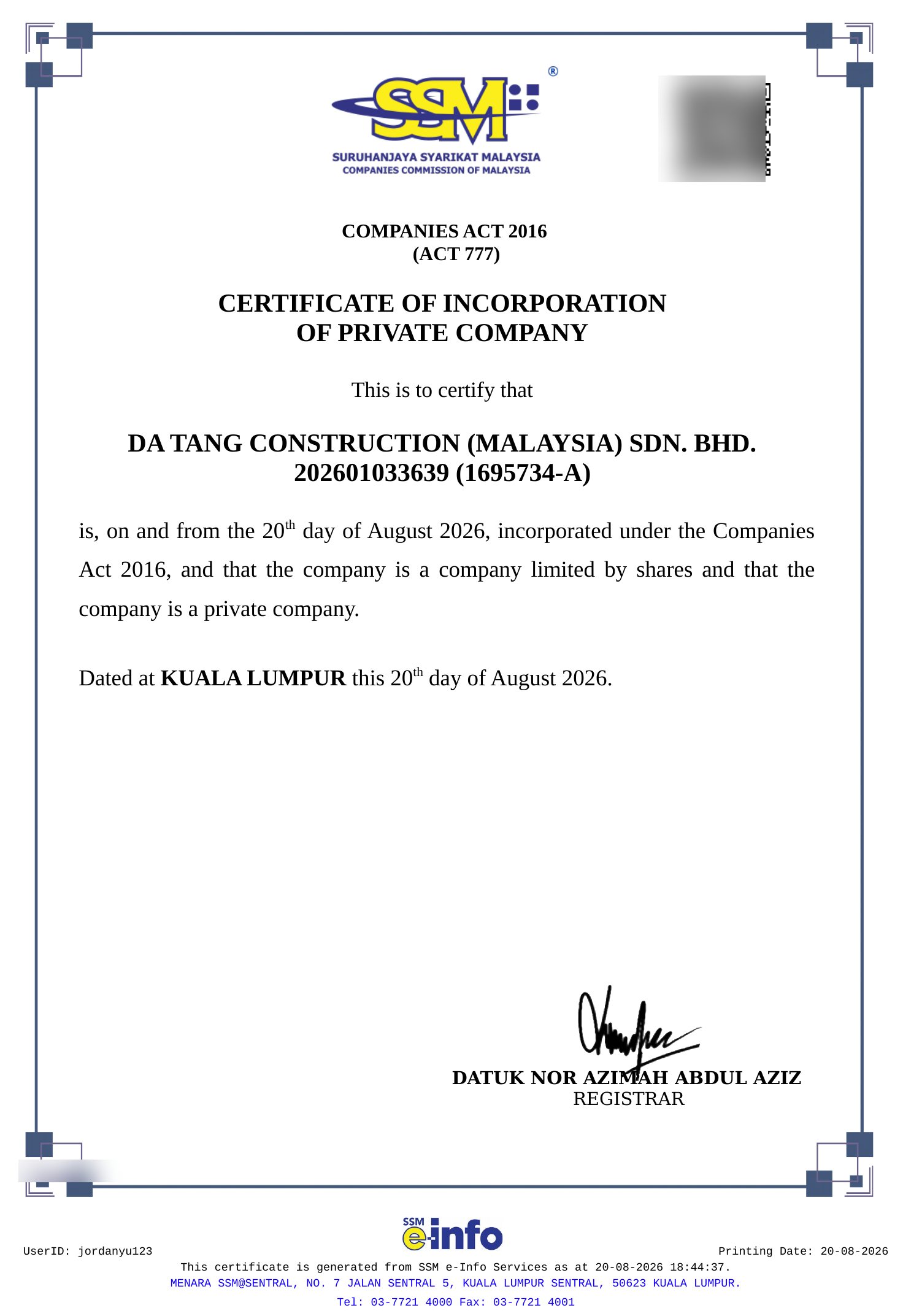 SSM Certificate of Incorporation — DA TANG CONSTRUCTION (MALAYSIA) SDN. BHD.
