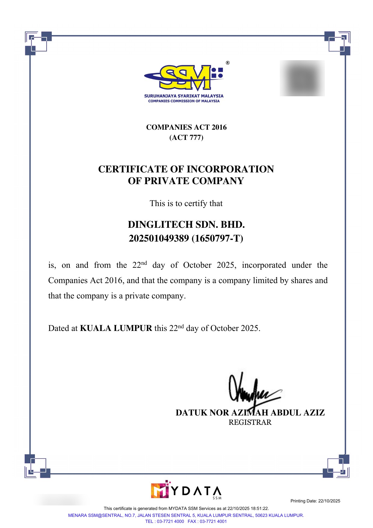 SSM Certificate of Incorporation — DINGLITECH SDN. BHD.
