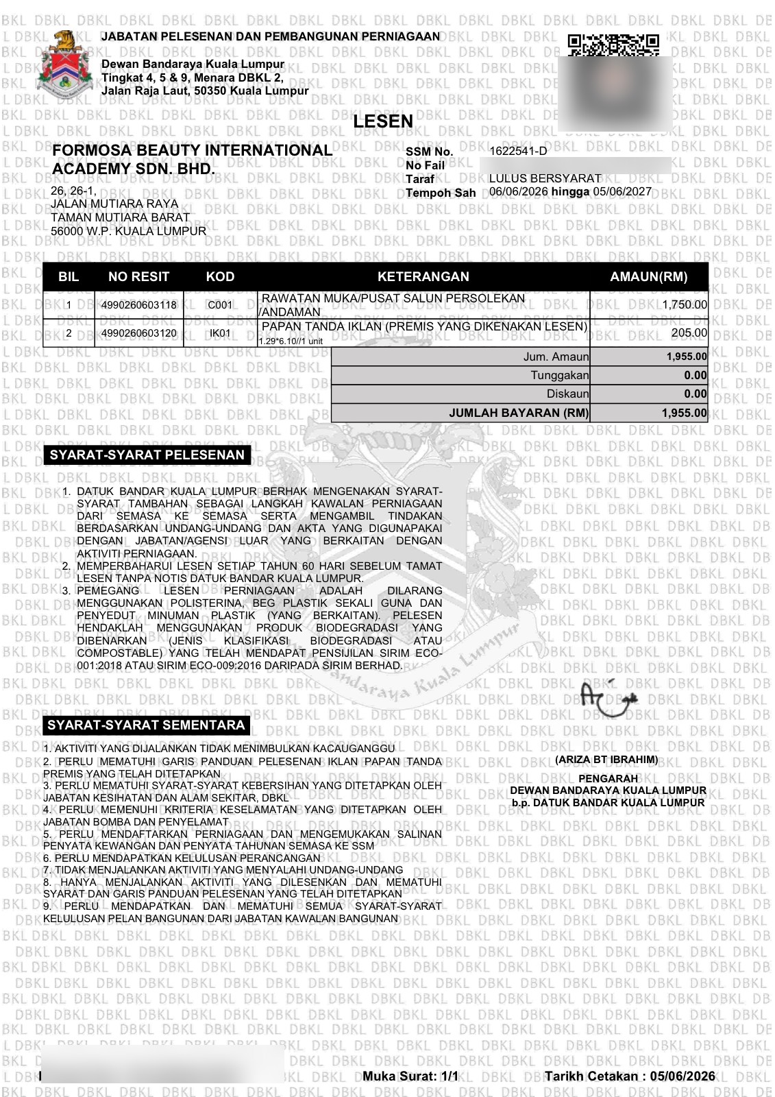 DBKL business licence — Formosa Beauty International Academy