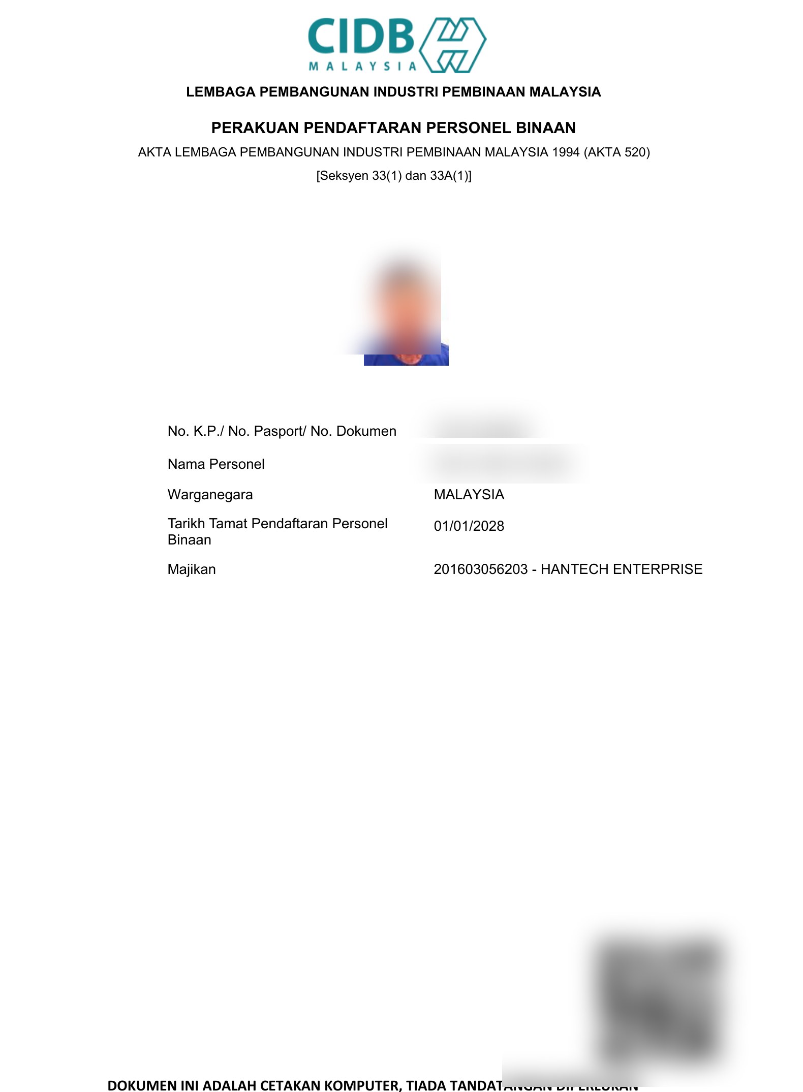 CIDB Green Card — Perakuan Pendaftaran Personel Binaan, registered under HANTECH ENTERPRISE
