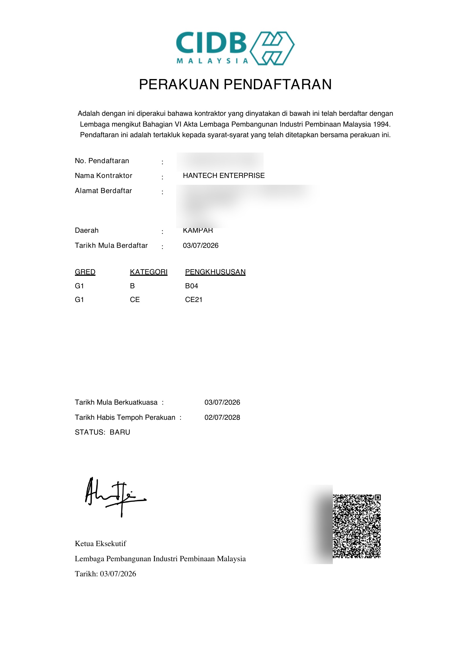 CIDB Certificate of Registration — HANTECH ENTERPRISE, Grade G1