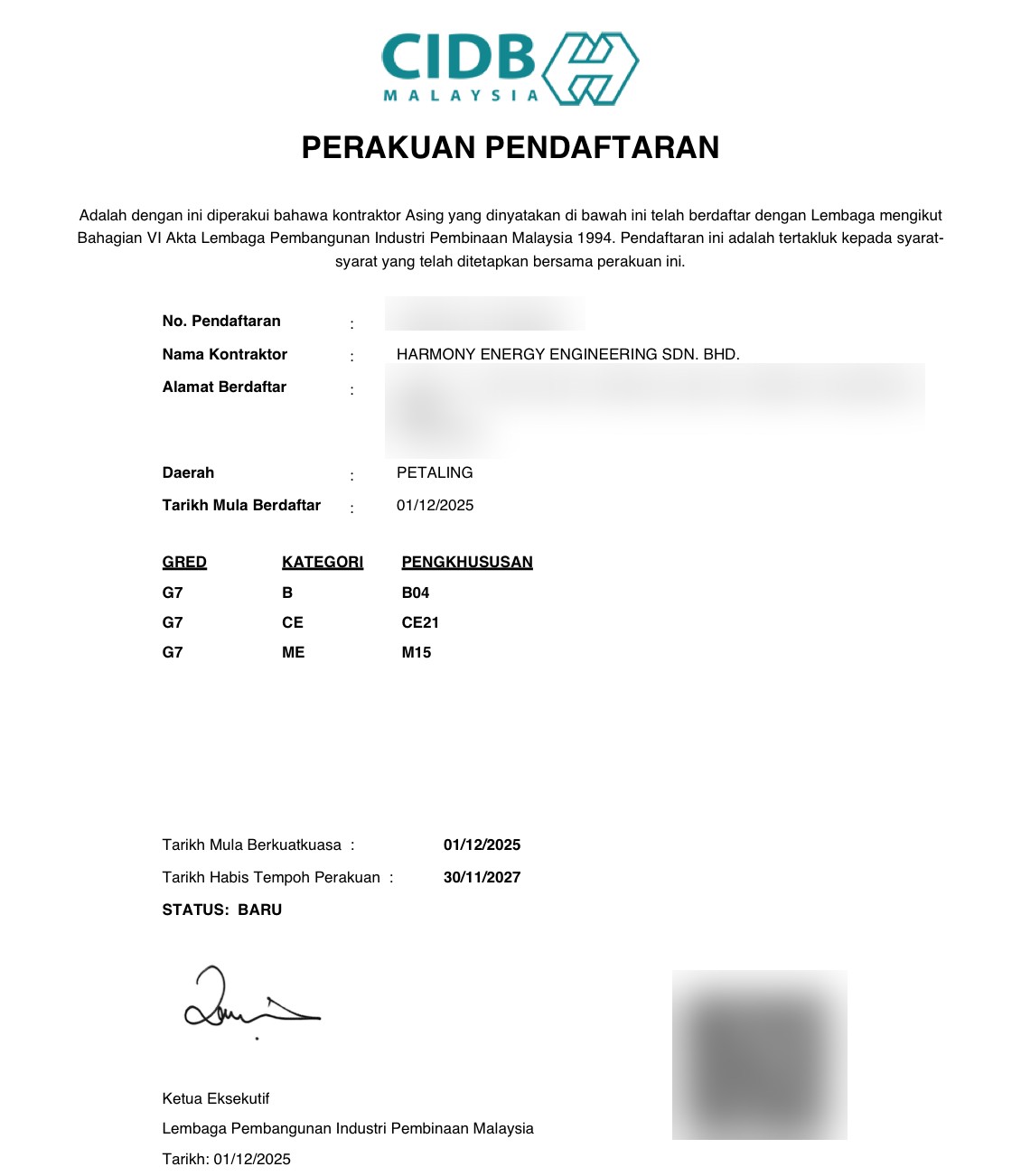 CIDB Grade G7 contractor registration certificate — HARMONY ENERGY ENGINEERING SDN BHD
