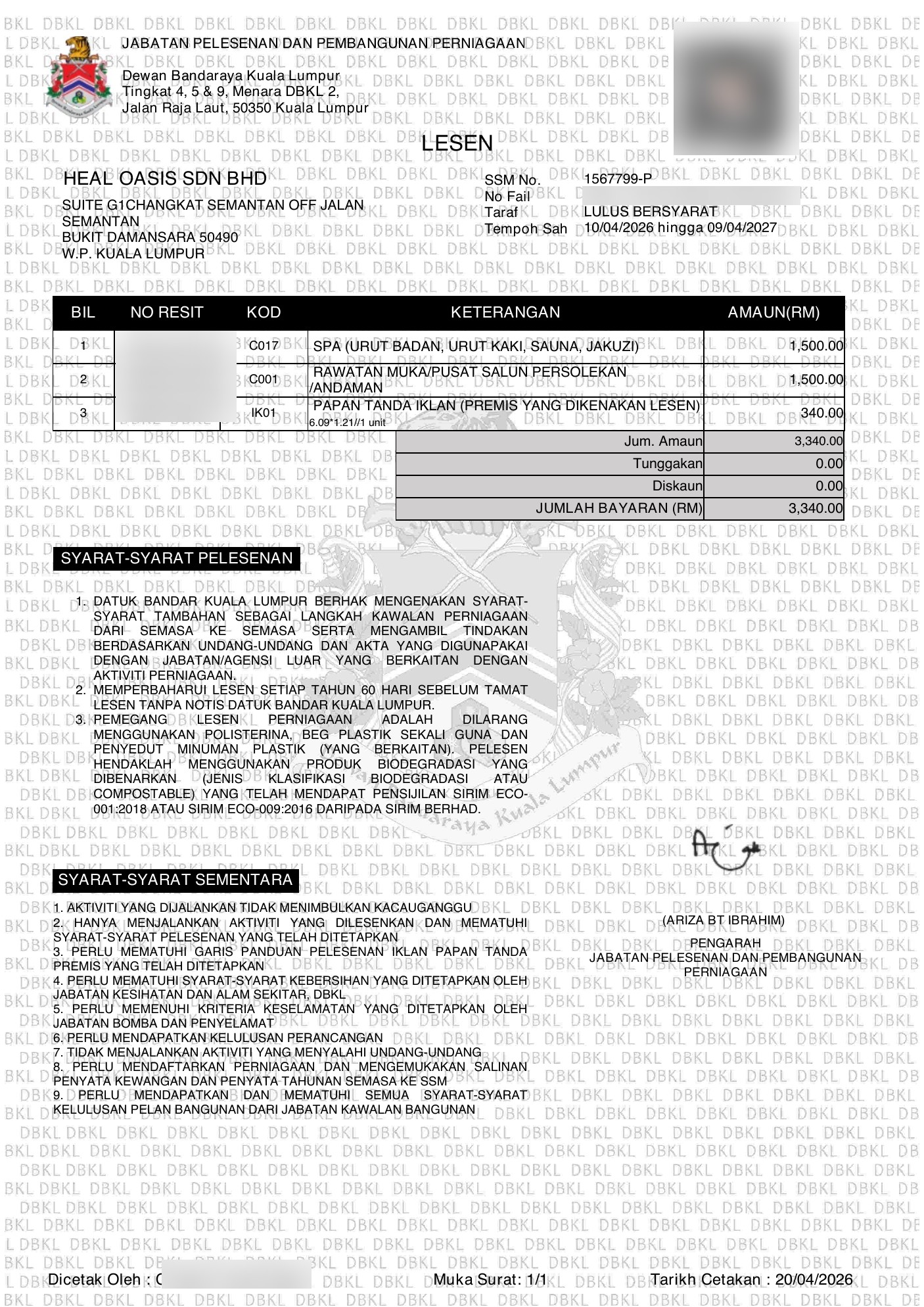 DBKL business licence — HEAL OASIS SDN. BHD. (SPA & beauty centre)