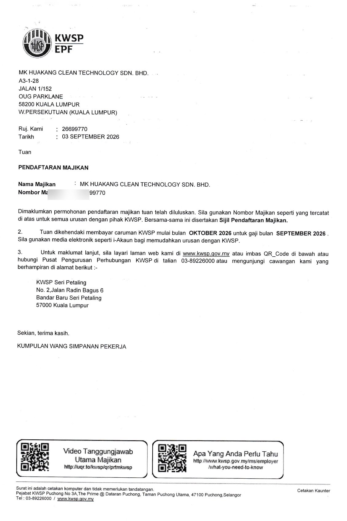 KWSP (EPF) employer registration approval — MK HUAKANG