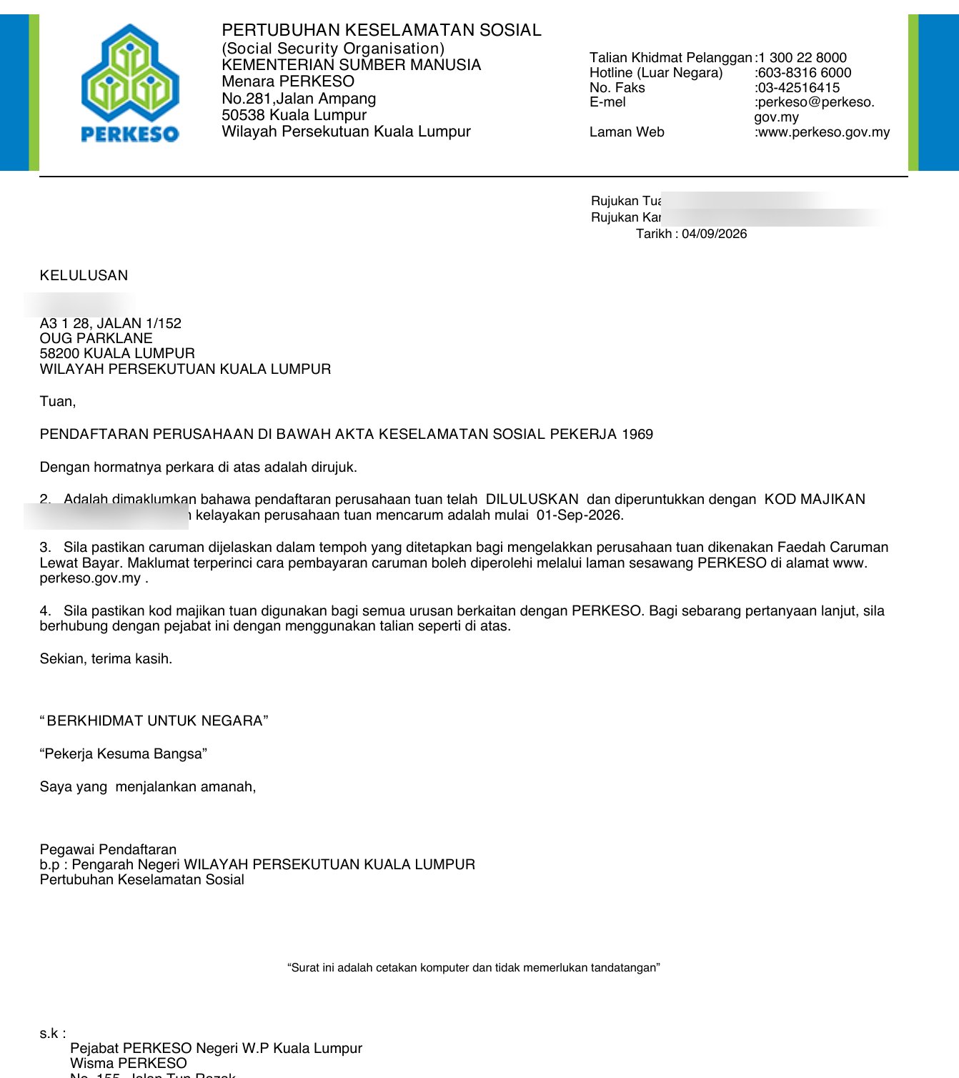 PERKESO (SOCSO) employer registration approval — MK HUAKANG
