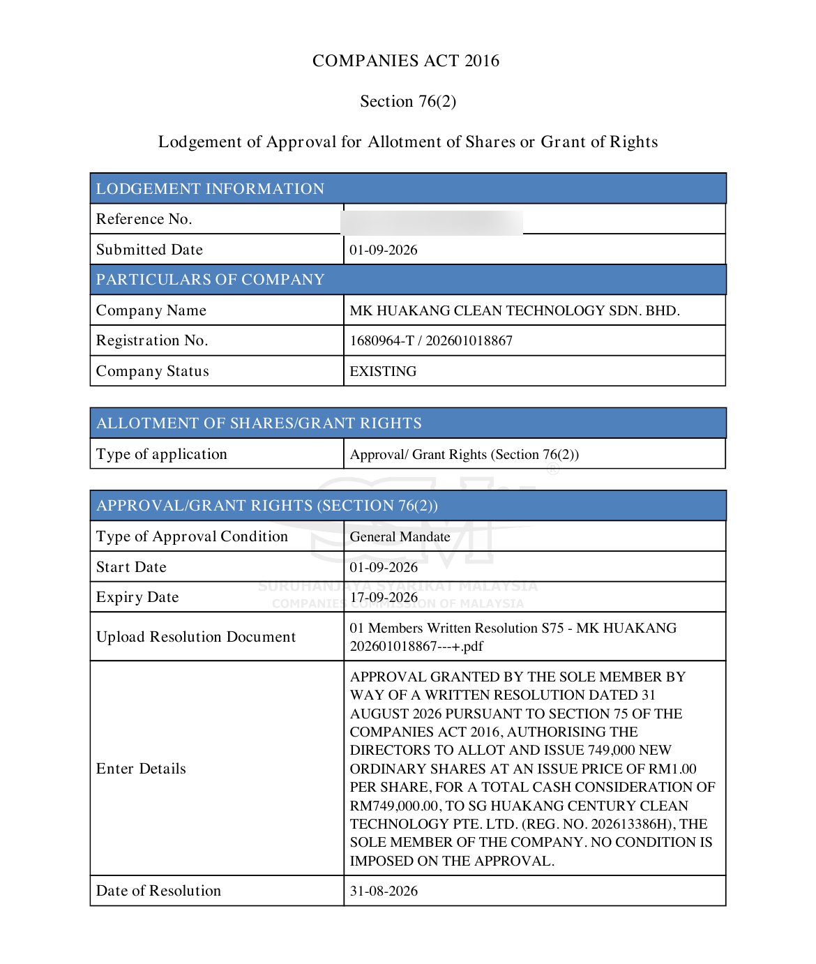 SSM Section 76 allotment — RM749,000 paid-up capital increase