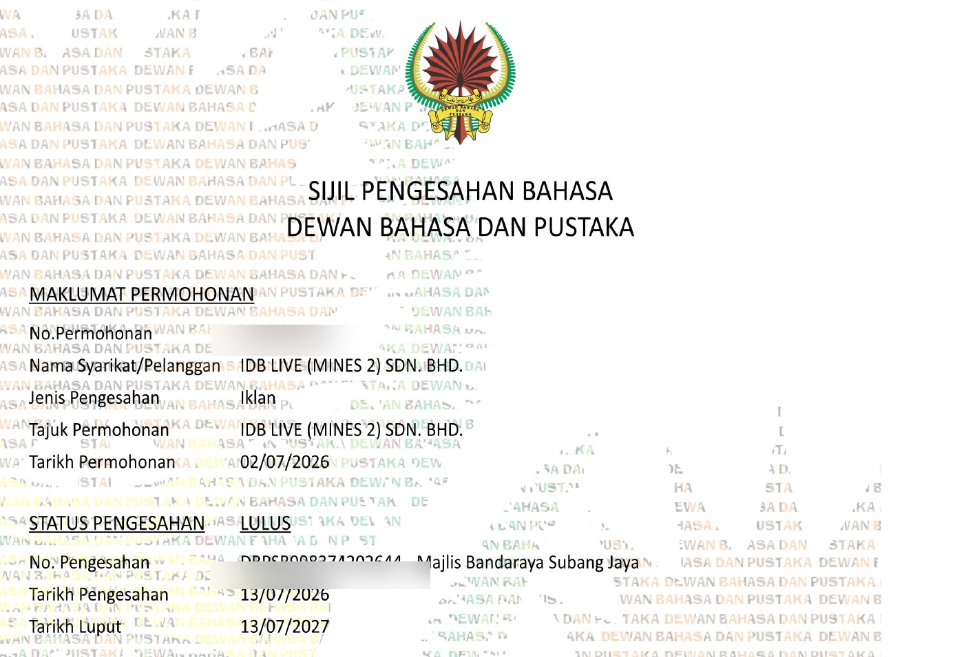 DBP Sijil Pengesahan Bahasa — LULUS, IDB LIVE (MINES 2) SDN. BHD.