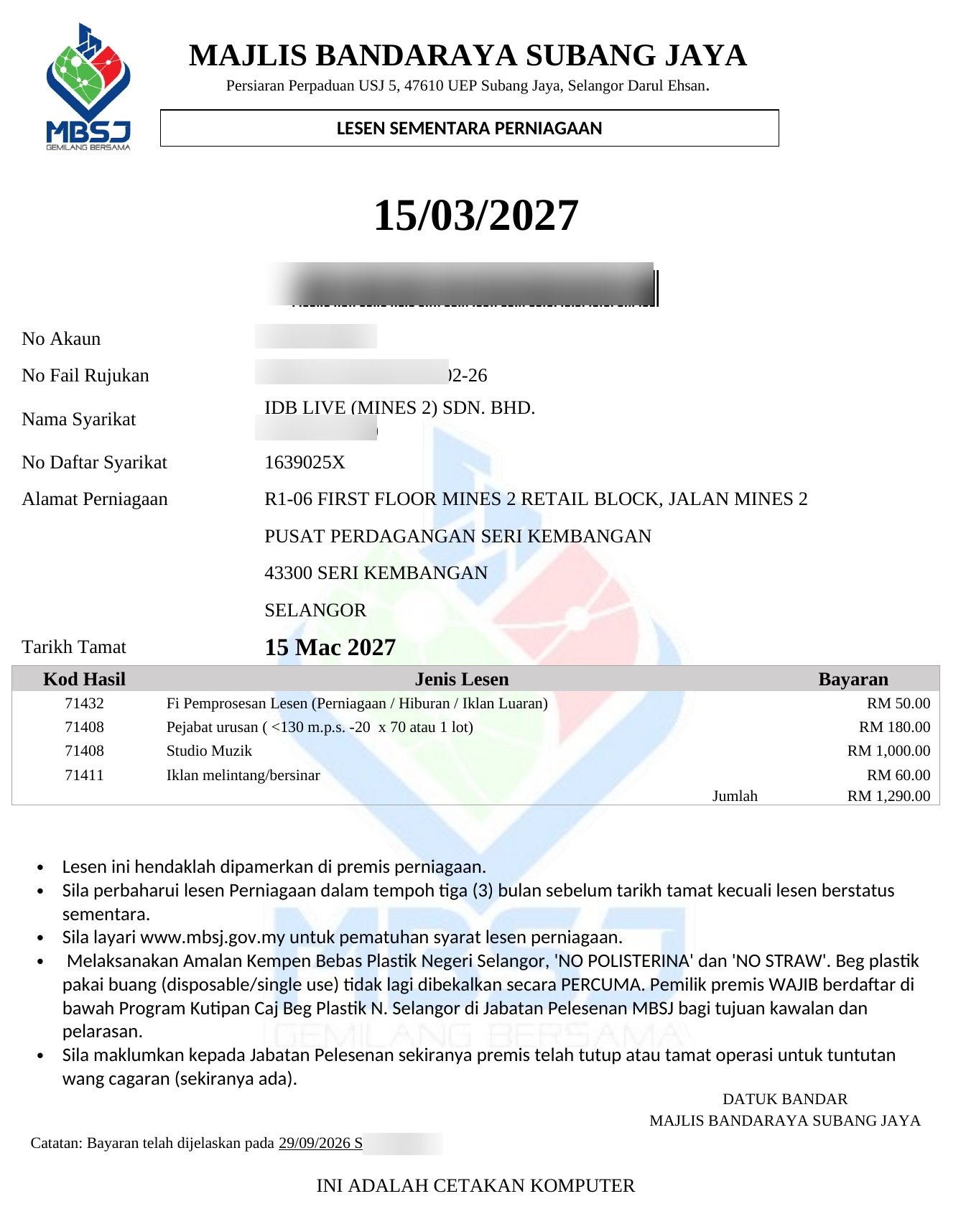 MBSJ Lesen Sementara Perniagaan — IDB LIVE (MINES 2) SDN. BHD.