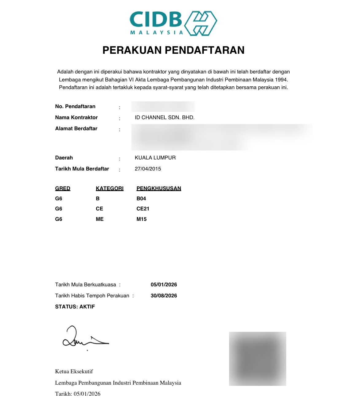 CIDB G6 contractor registration certificate — ID CHANNEL SDN BHD