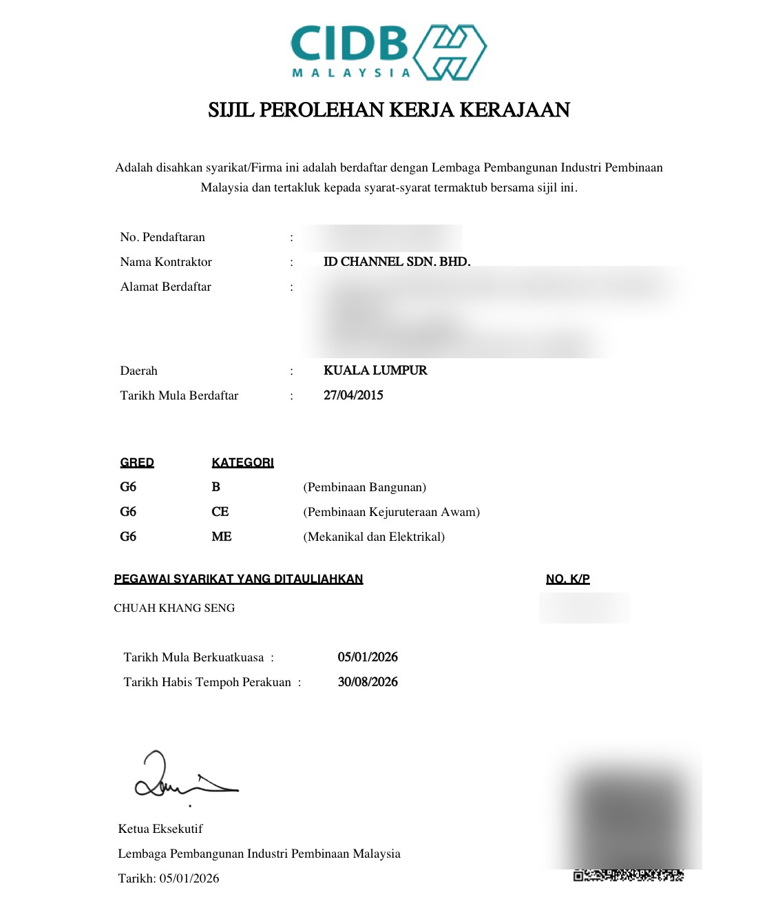 SPKK government-works certificate (director details, key info blurred)