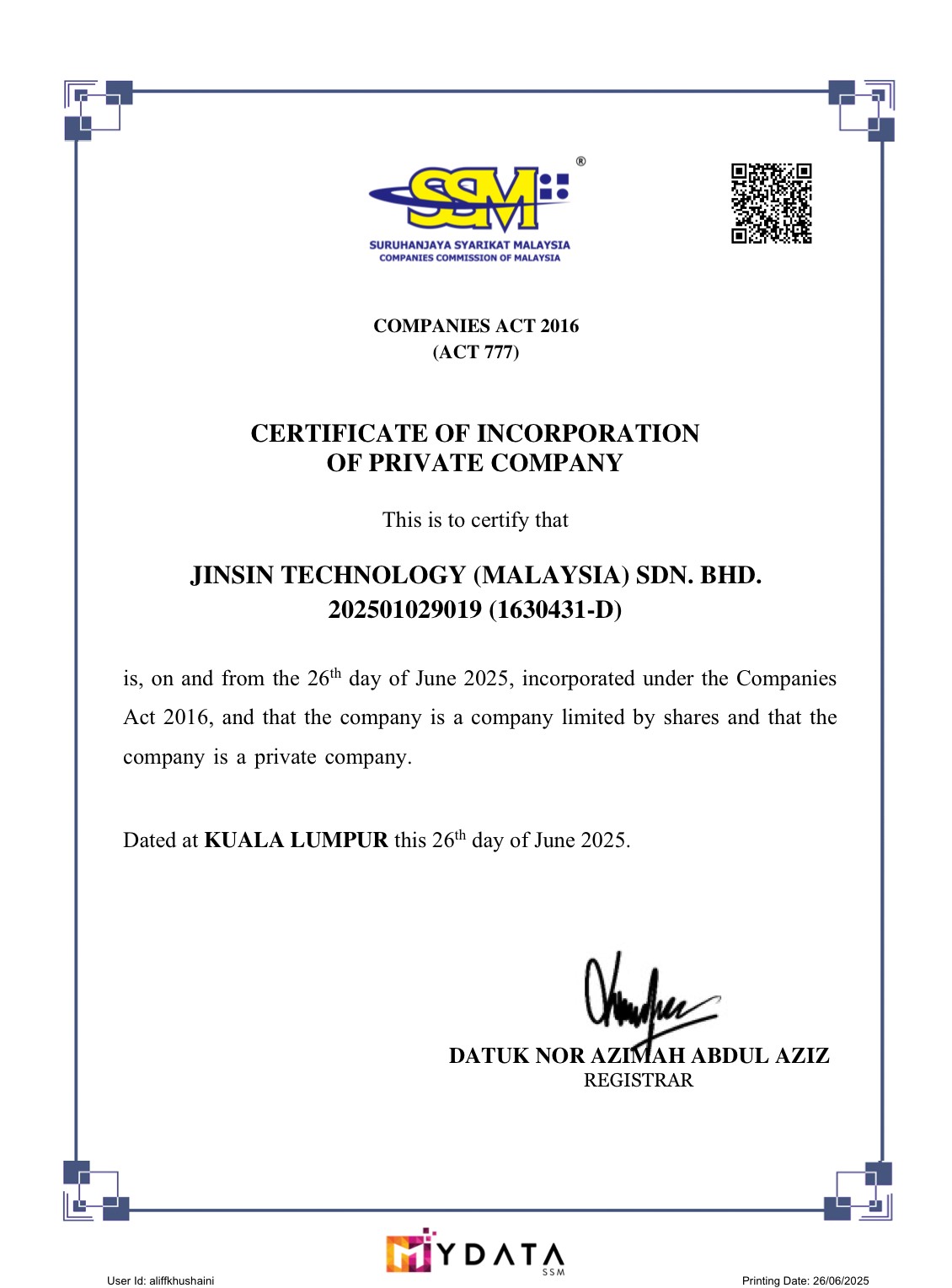 SSM Certificate of Incorporation — JINSIN TECHNOLOGY (MALAYSIA) SDN BHD