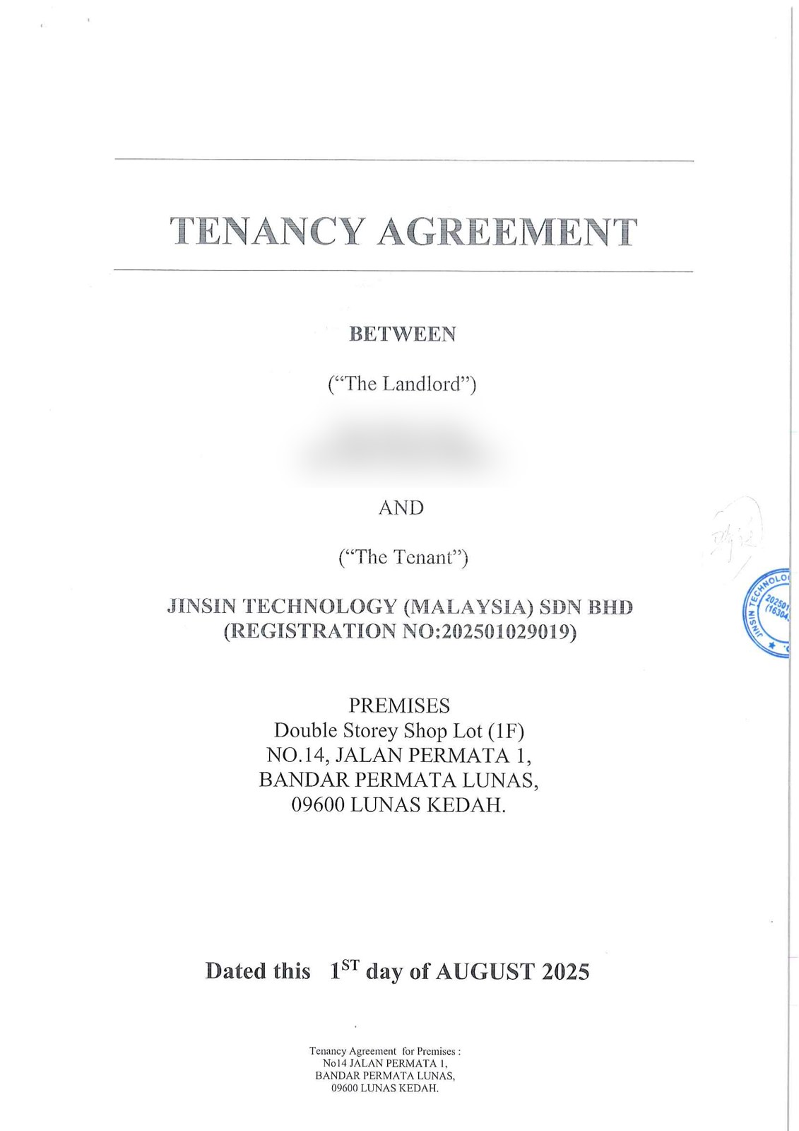 Tenancy agreement (landlord details blurred)