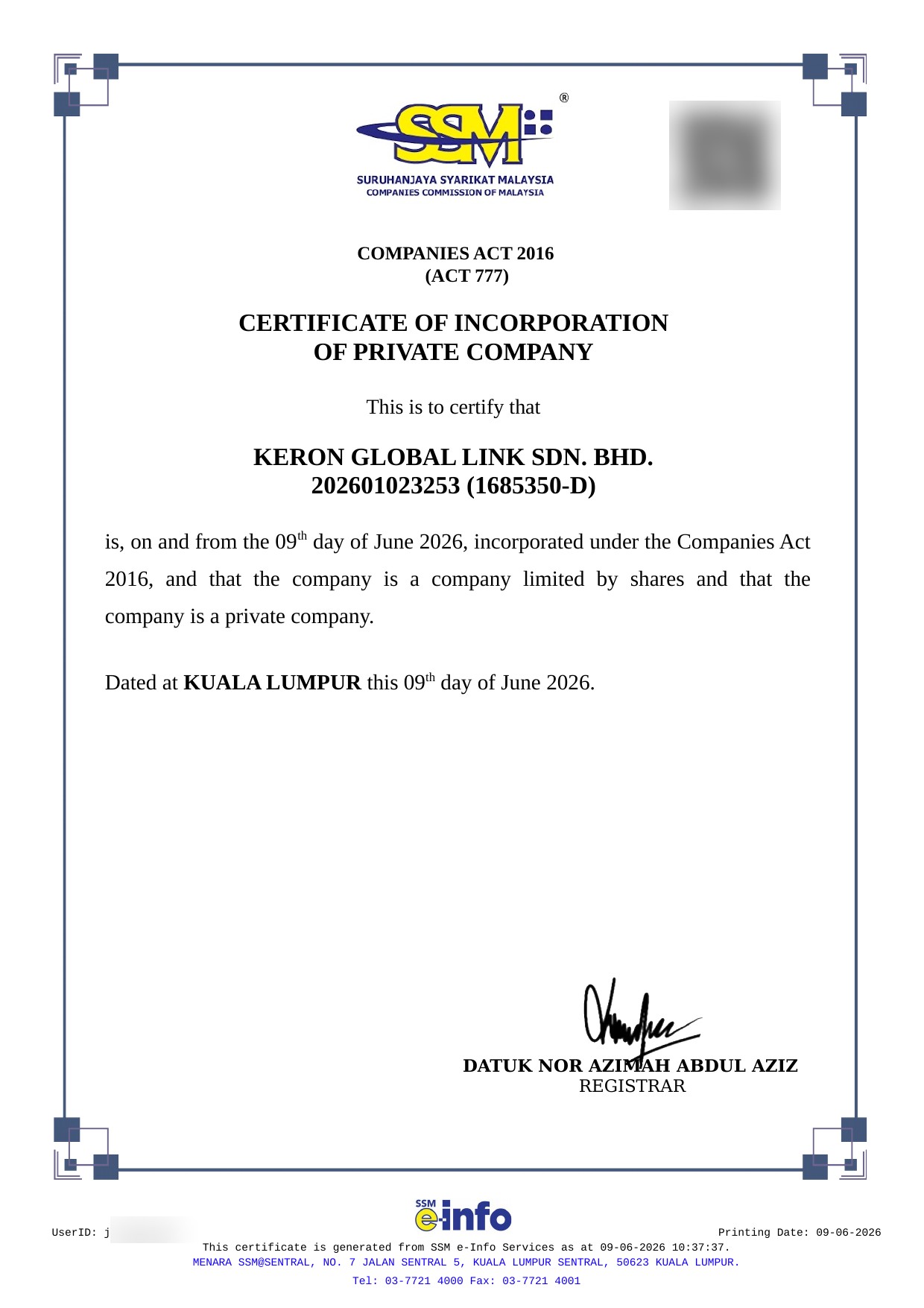 SSM Certificate of Incorporation — KERON GLOBAL LINK SDN. BHD.