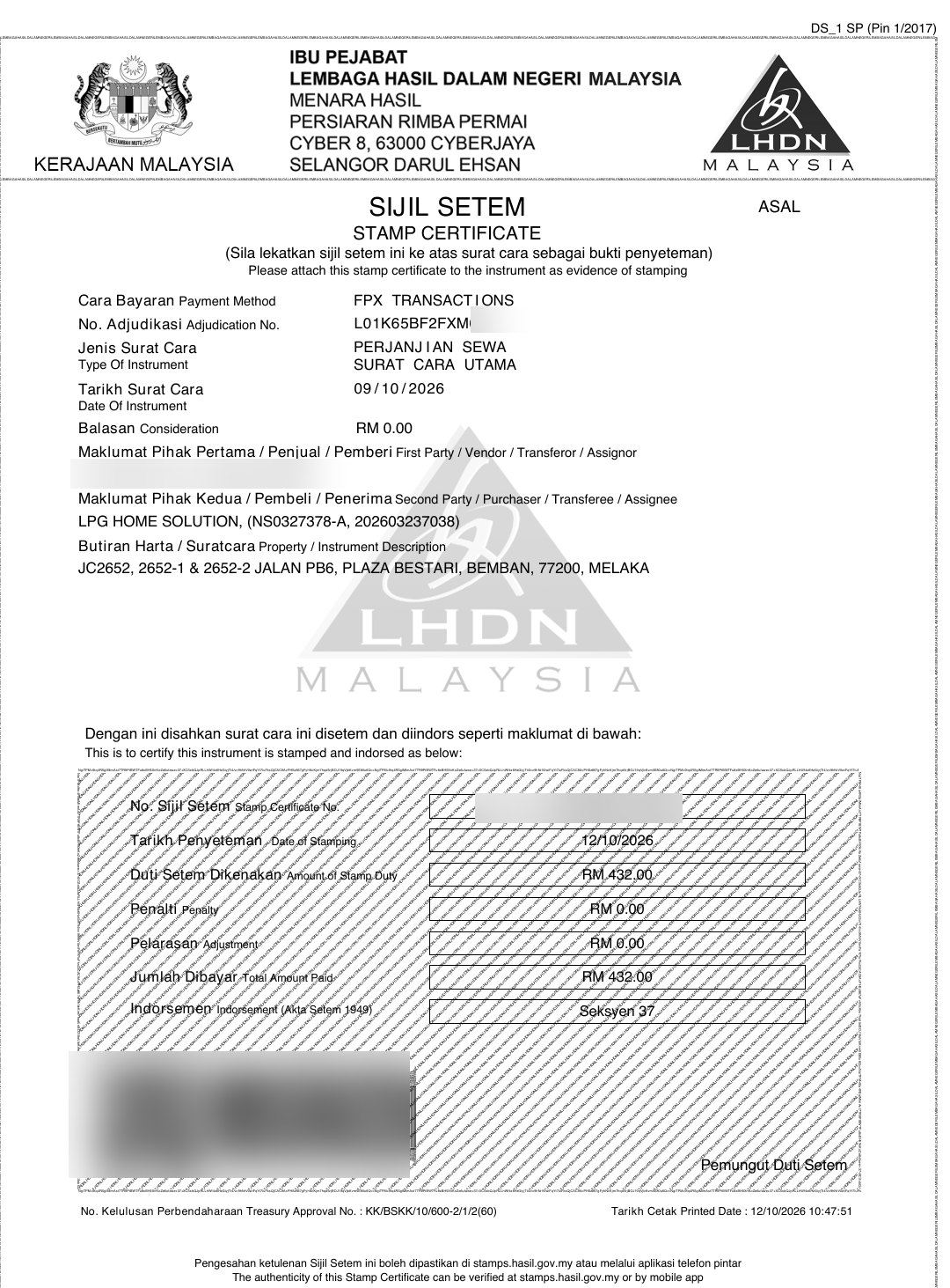 LHDN Stamp Certificate (Sijil Setem) — Perjanjian Sewa, Section 37