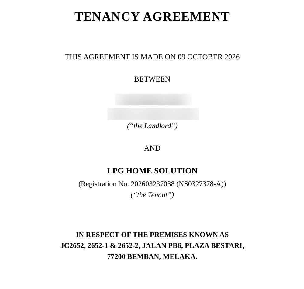 Professional tenancy agreement — LPG HOME SOLUTION, Plaza Bestari