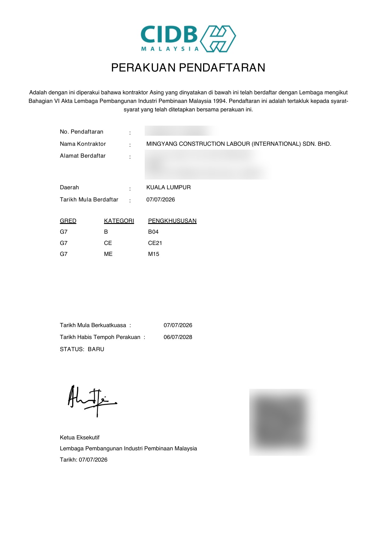 CIDB Grade G7 Certificate of Registration — MINGYANG CONSTRUCTION LABOUR (INTERNATIONAL) SDN. BHD.