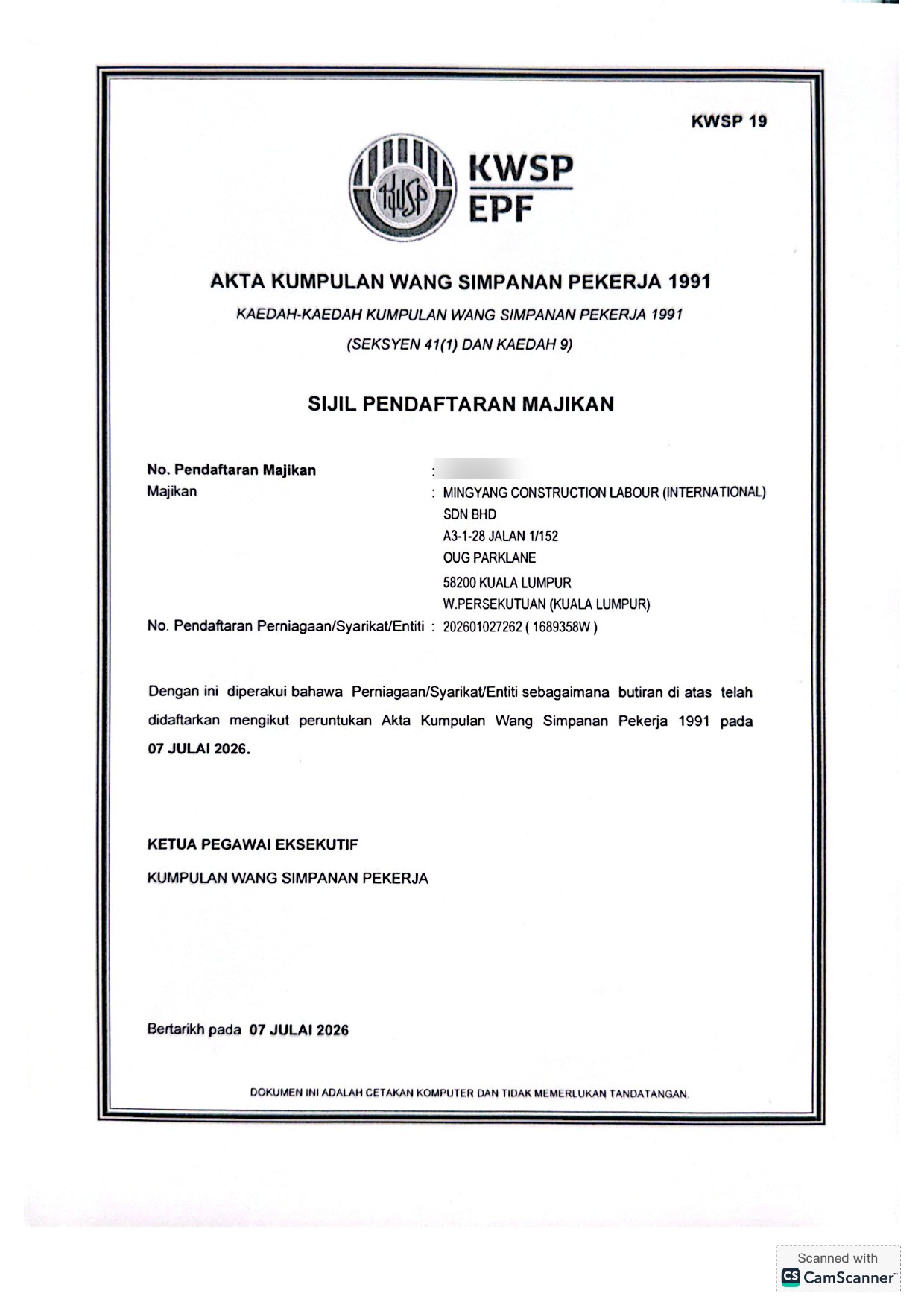 KWSP EPF employer registration certificate — MINGYANG