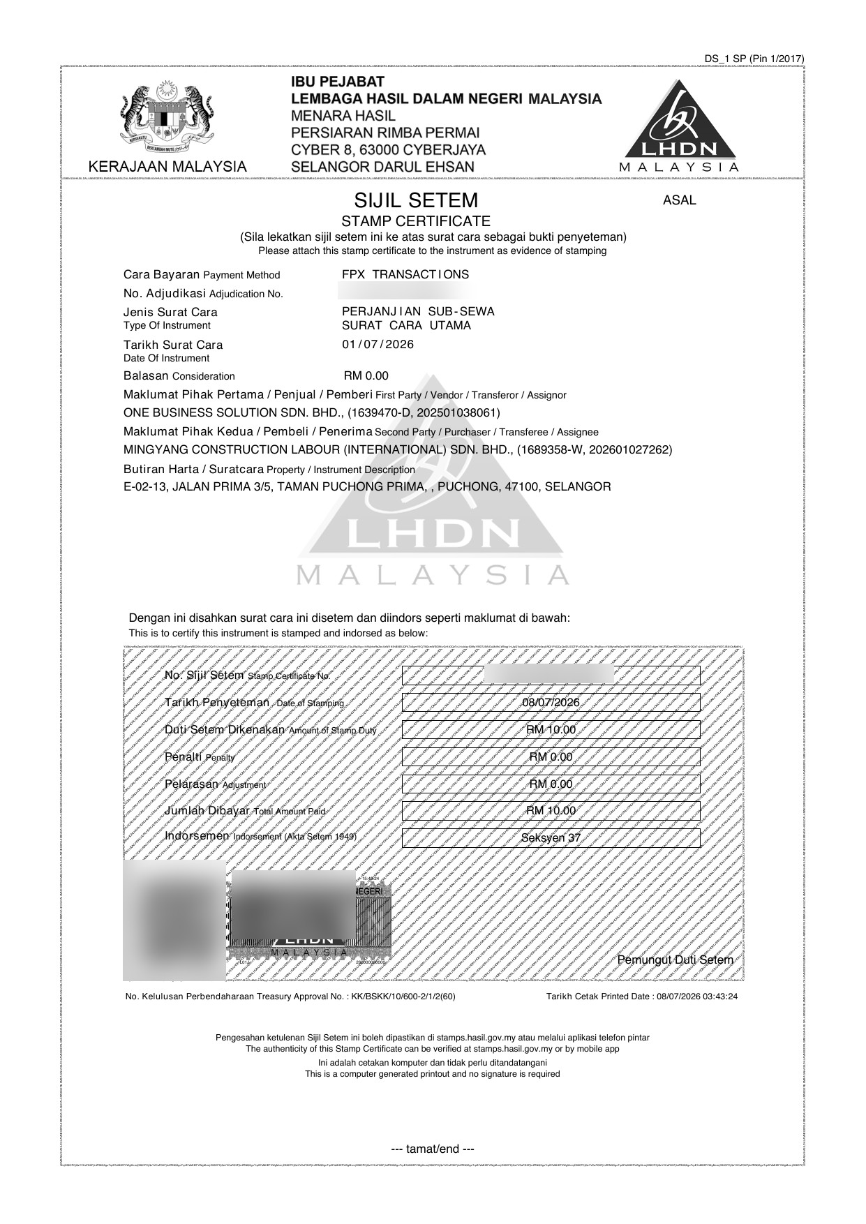 LHDN stamp certificate for the tenancy agreement — MINGYANG