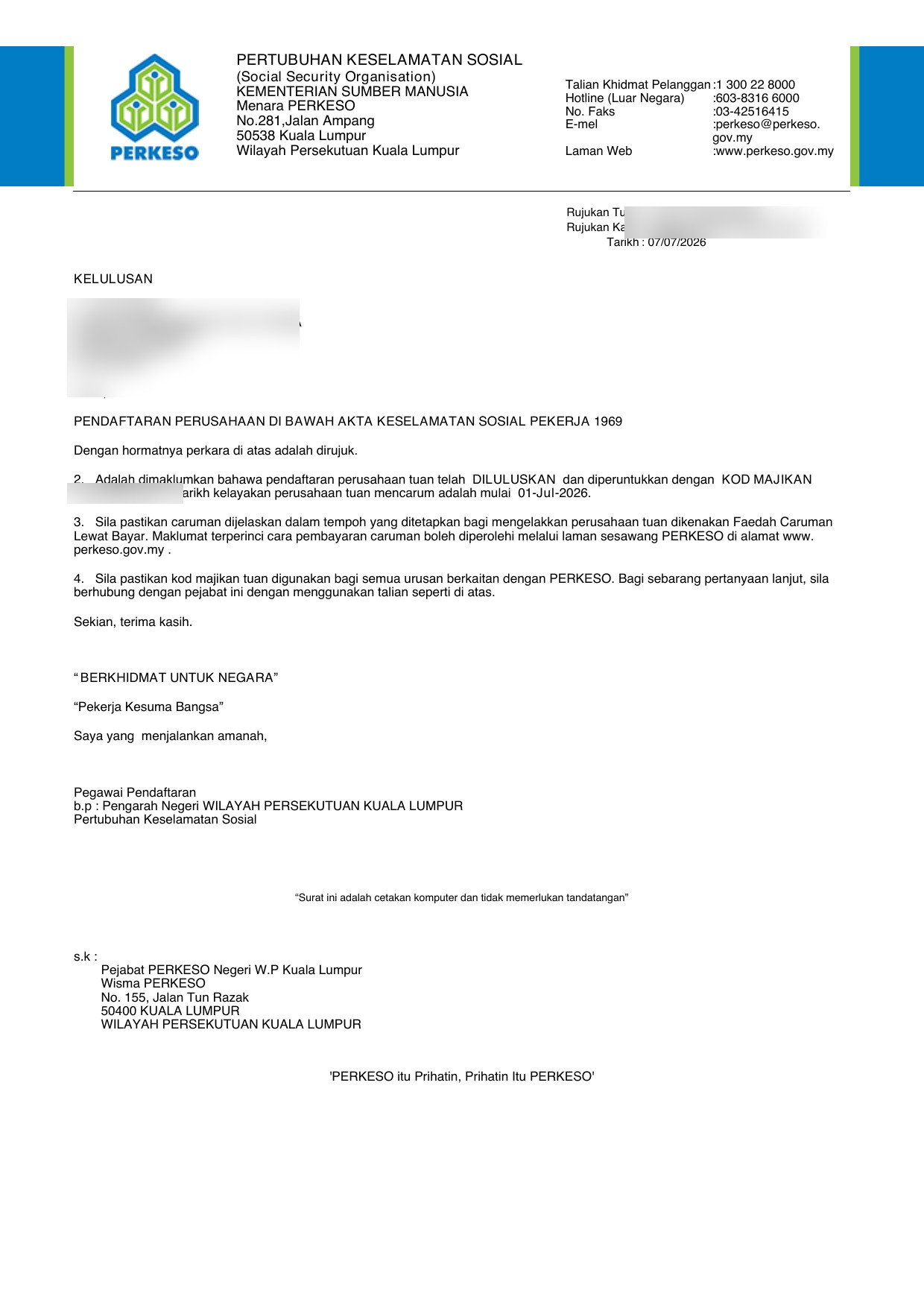 PERKESO SOCSO employer registration letter — MINGYANG