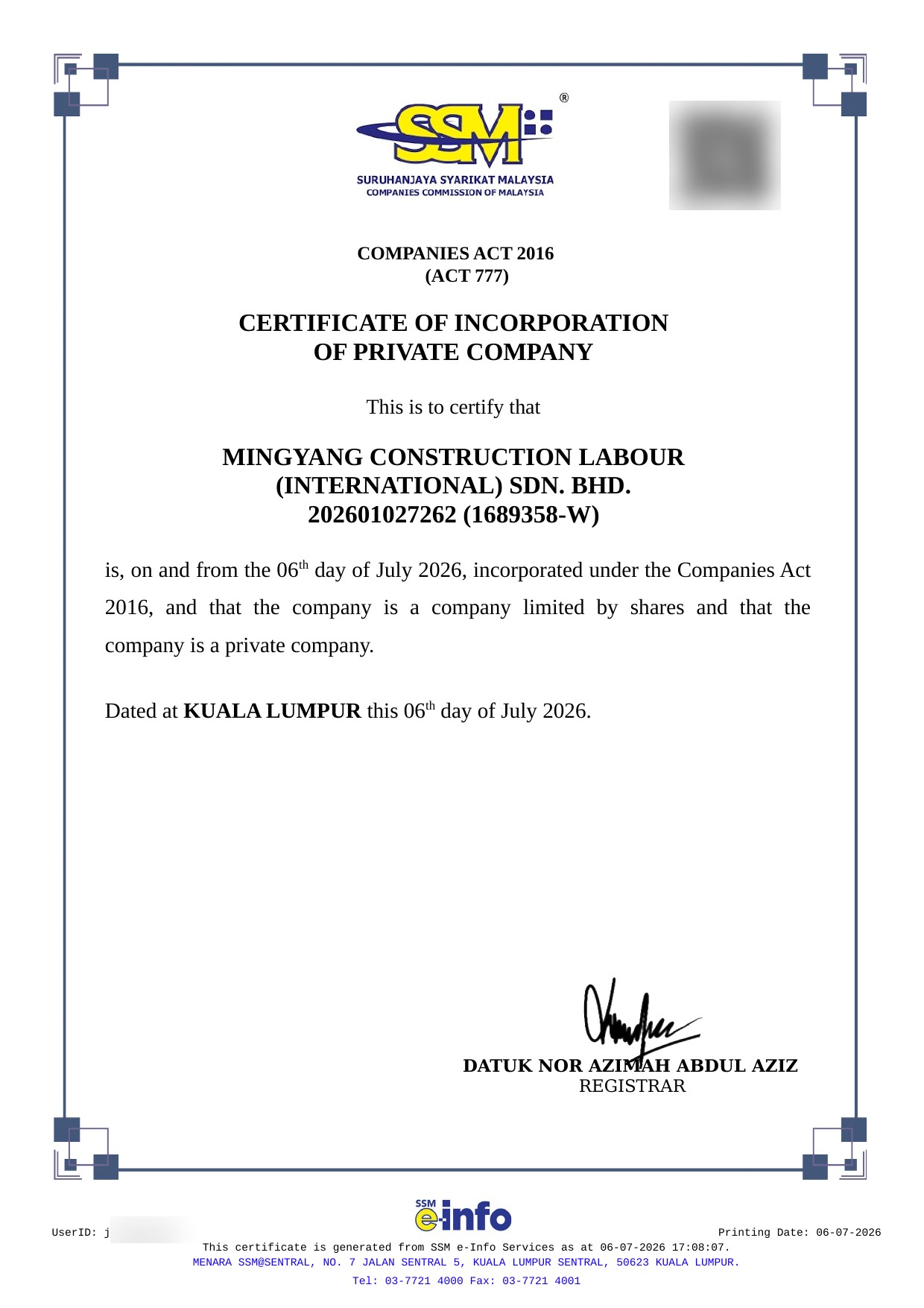 SSM Certificate of Incorporation — MINGYANG