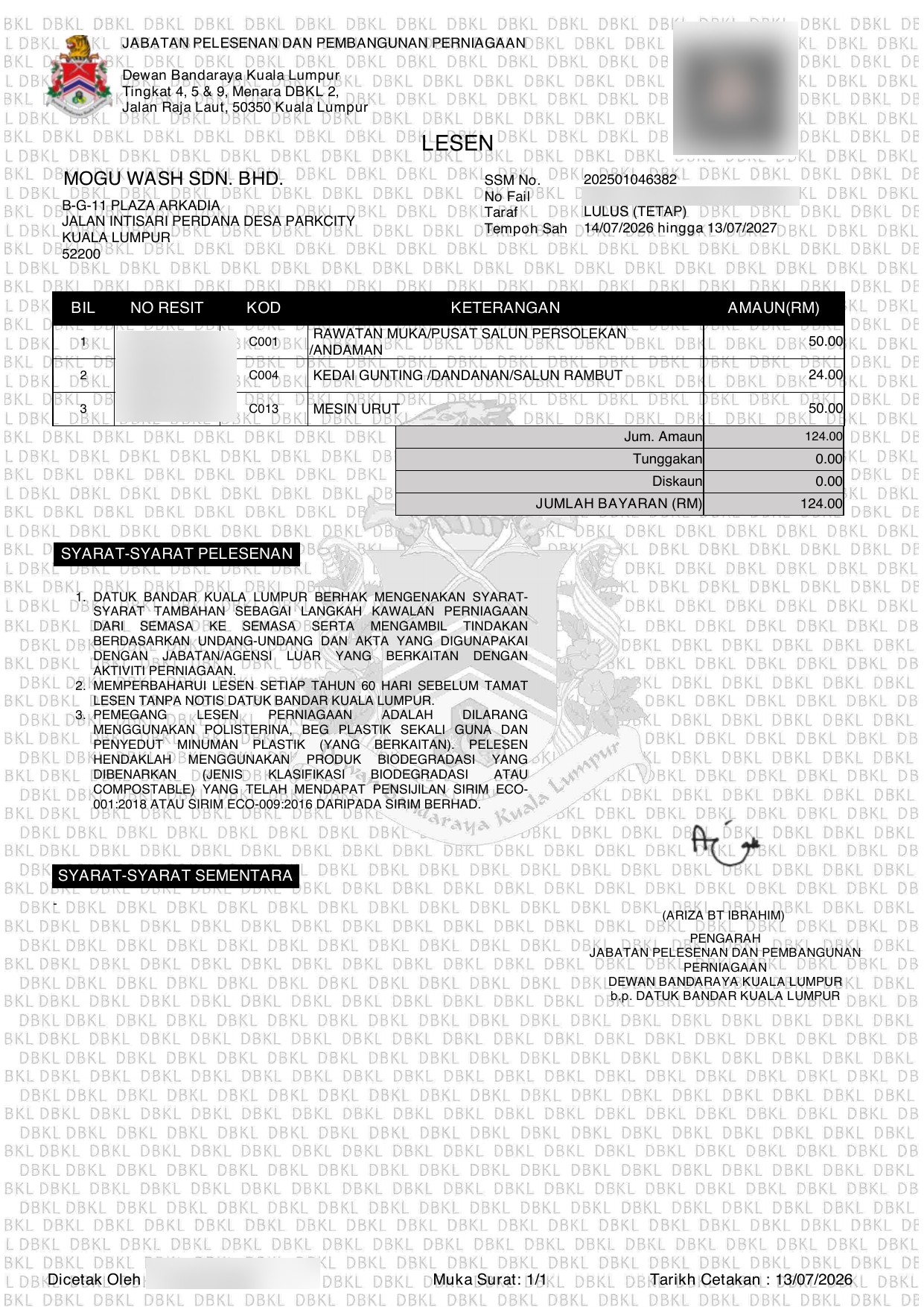 DBKL business licence — MOGU WASH SDN. BHD., LULUS (TETAP)
