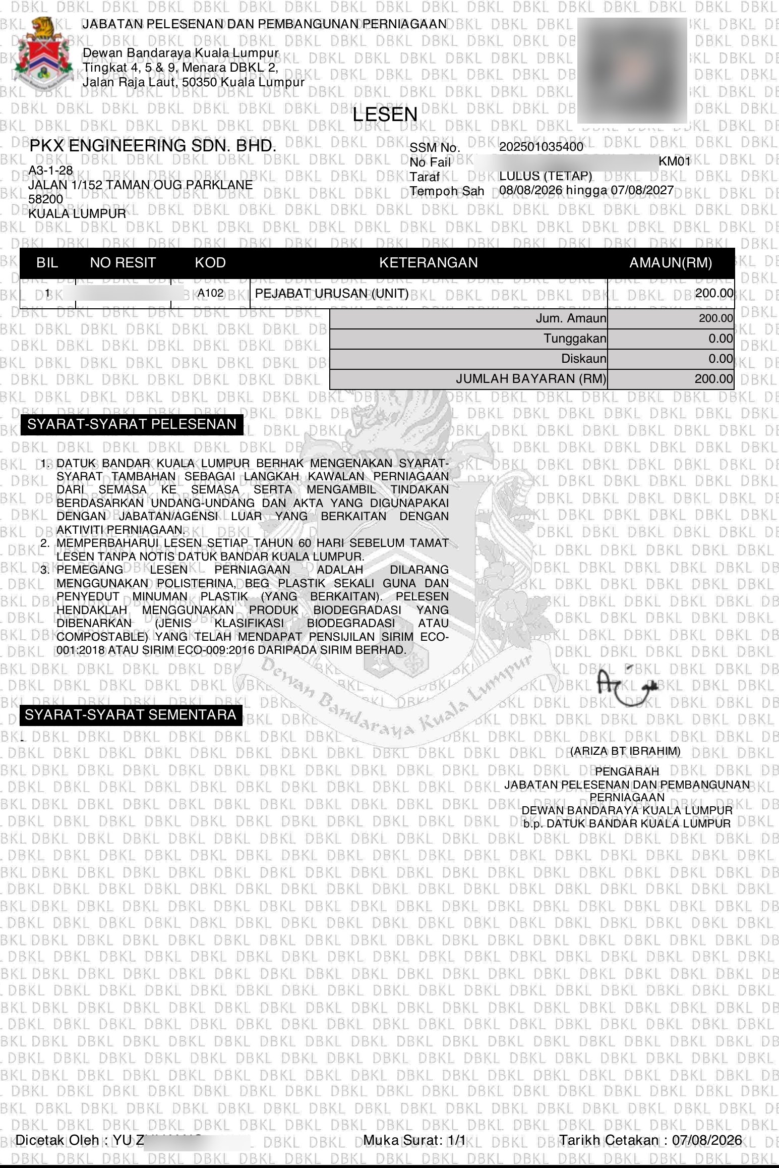 DBKL Licence (Lesen) — PKX ENGINEERING SDN. BHD., Pejabat Urusan, LULUS (TETAP)