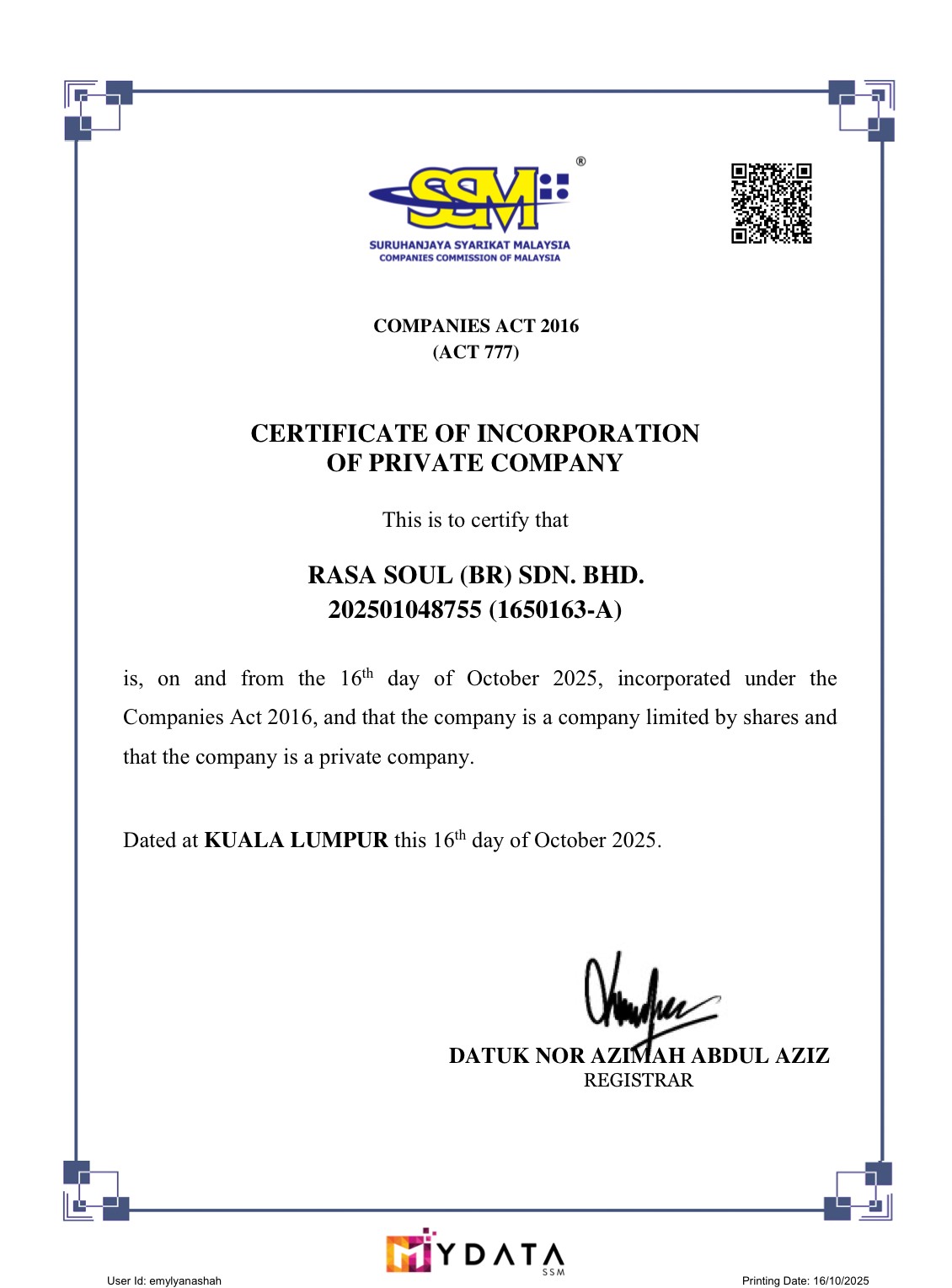SSM Certificate of Incorporation — RASA SOUL (BR) SDN BHD