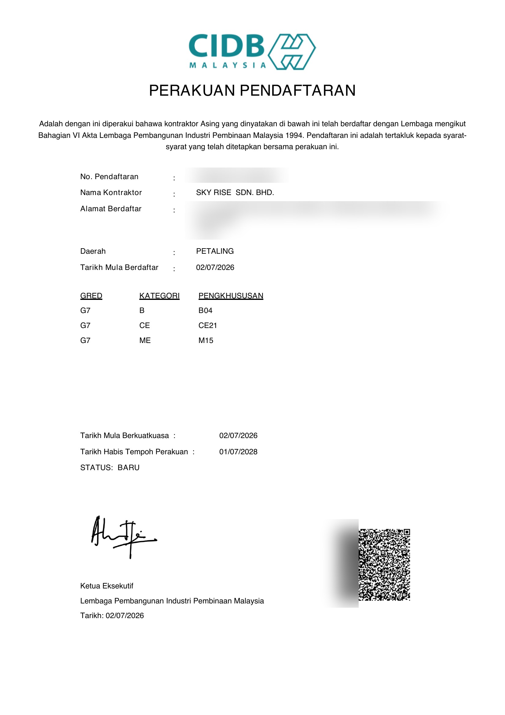 CIDB Certificate of Registration — SKY RISE SDN. BHD., Grade G7
