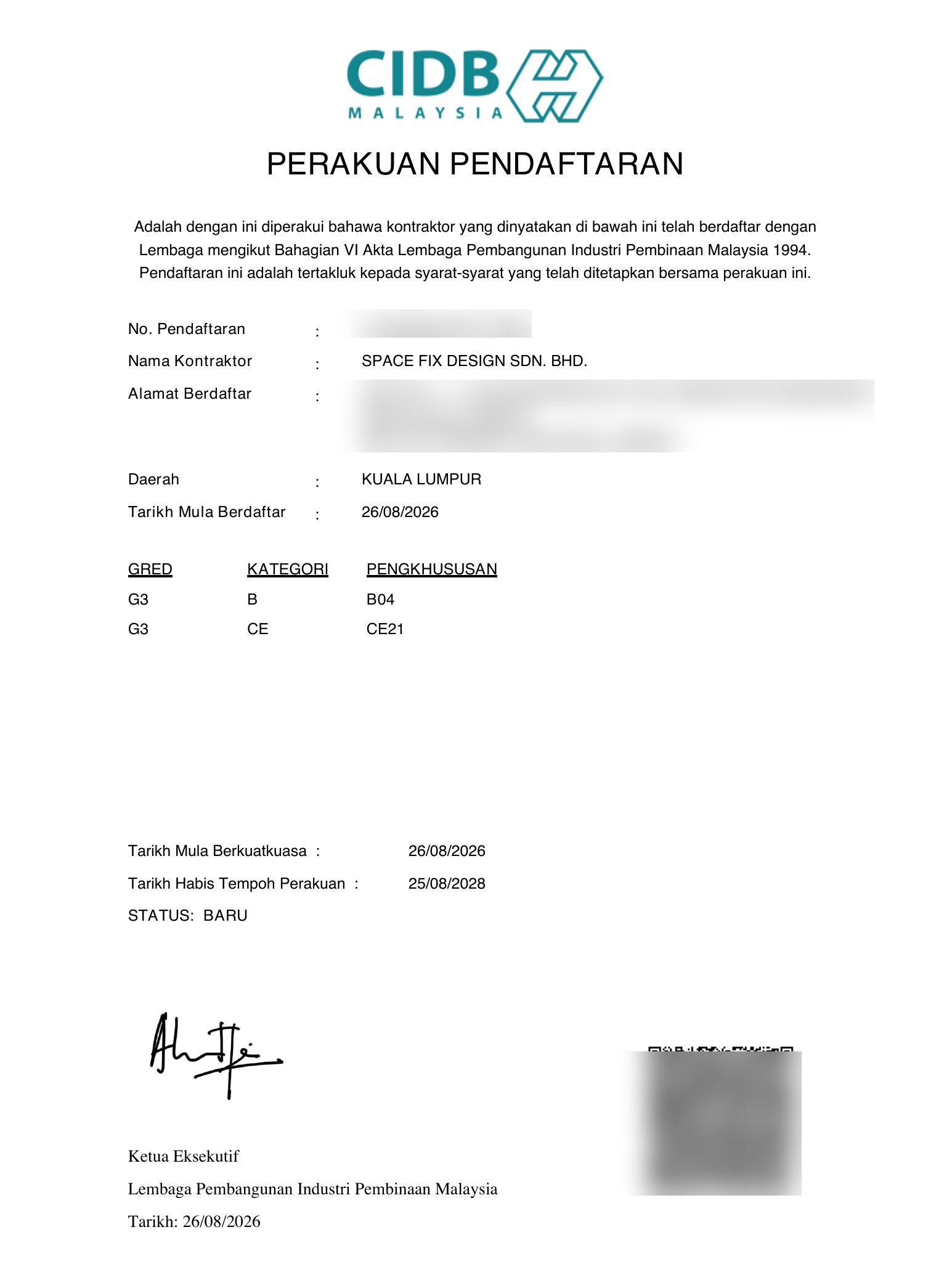 CIDB Certificate of Registration — SPACE FIX DESIGN SDN. BHD., Grade G3
