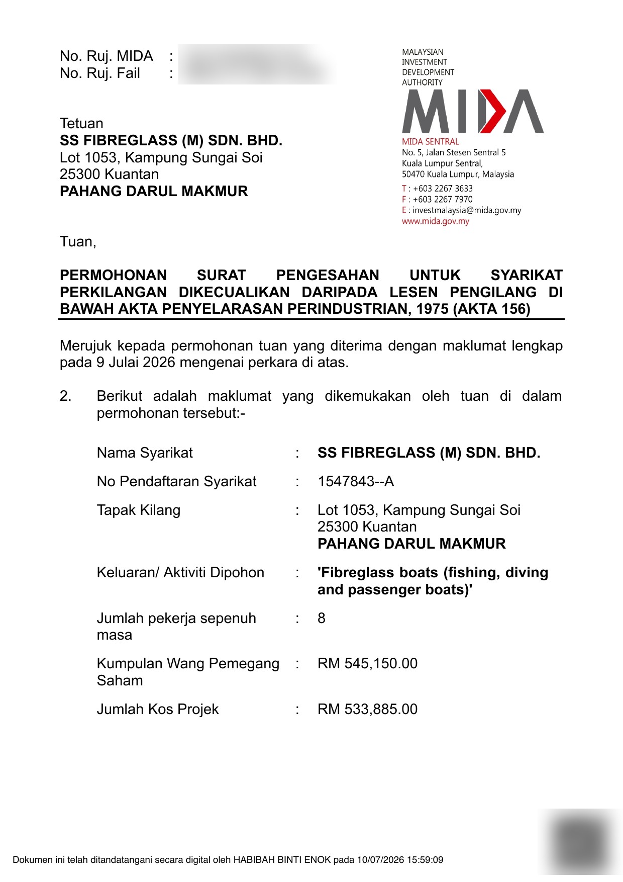 MIDA Surat Pengesahan — manufacturing licence exemption confirmation for SS FIBREGLASS (M) SDN. BHD.