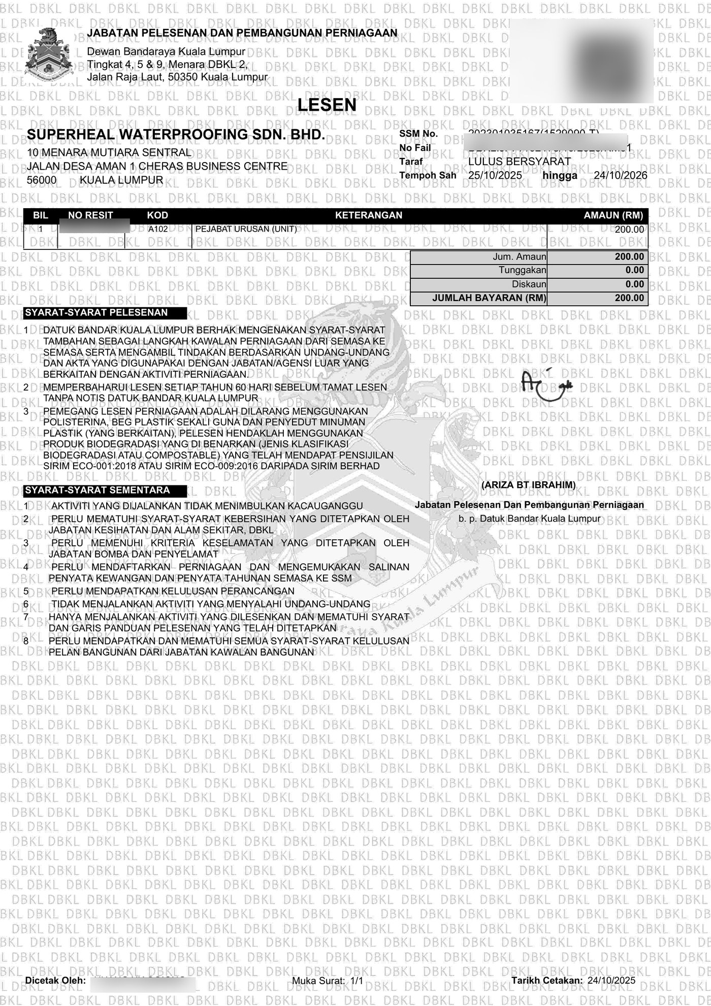 DBKL business licence — SUPERHEAL WATERPROOFING SDN. BHD.