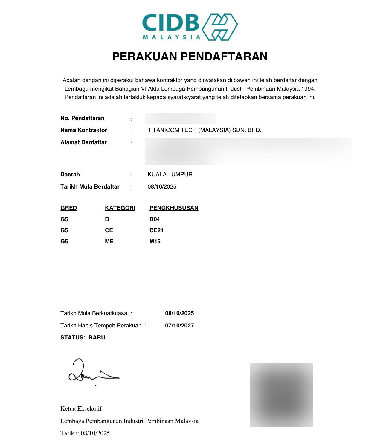 CIDB G5 contractor registration certificate — TITANICOM TECH (MALAYSIA) SDN BHD