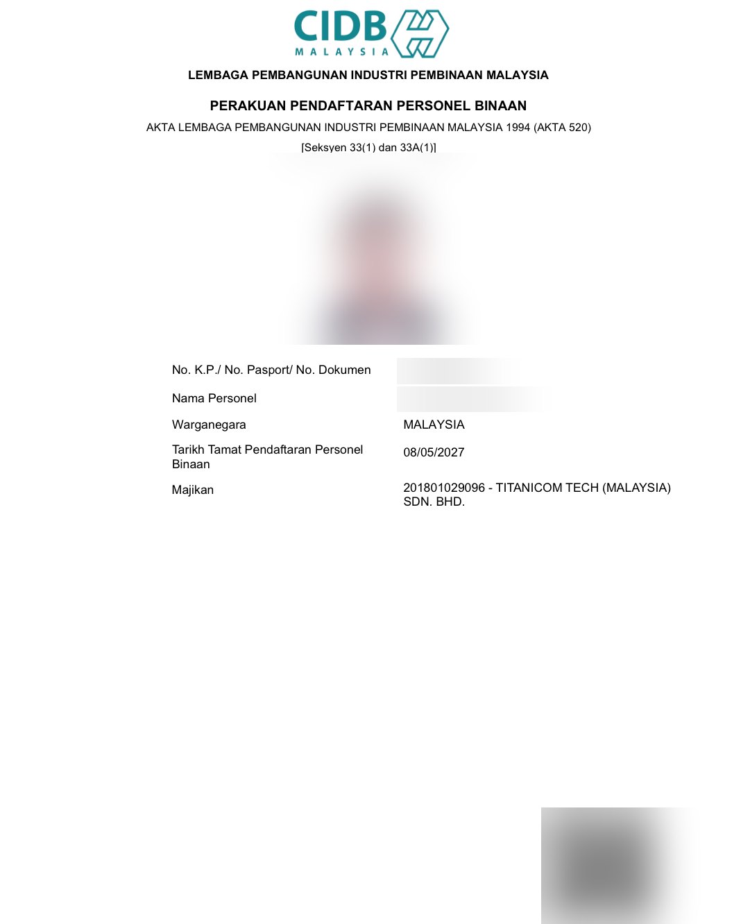 CIDB Green Card — construction personnel card (sample, key info blurred)