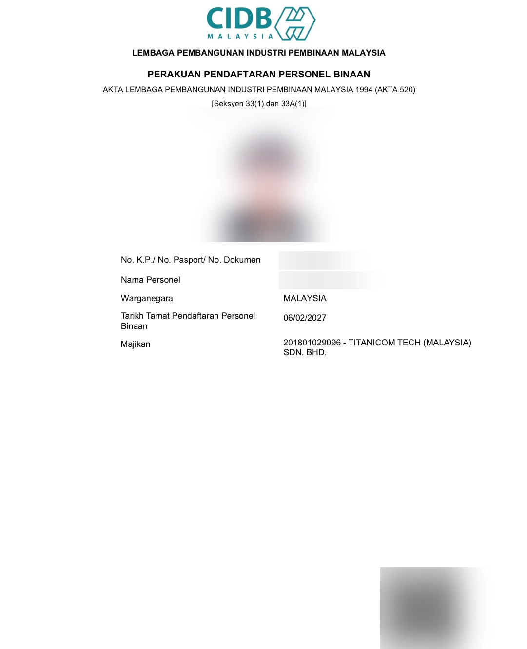 CIDB Green Card — construction personnel card (sample, key info blurred)
